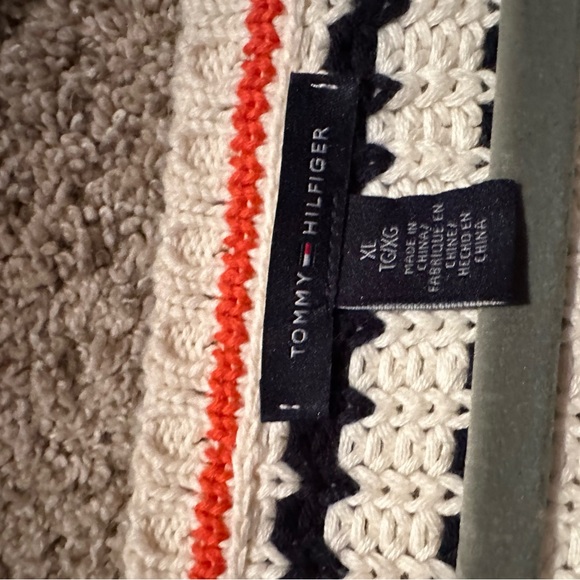 XL Tommy Hilfiger swoop neck knit sweater, Navy & Cream stripes & orange leather - Picture 3 of 4